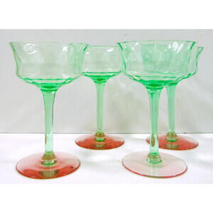 Set of 4 Tiffin Double Reverse Watermelon Champagne Glasses Pink Green Optic